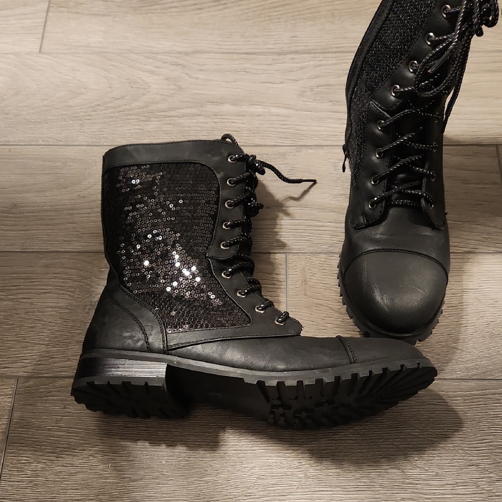 Stylish Black Sequin Combat Boots